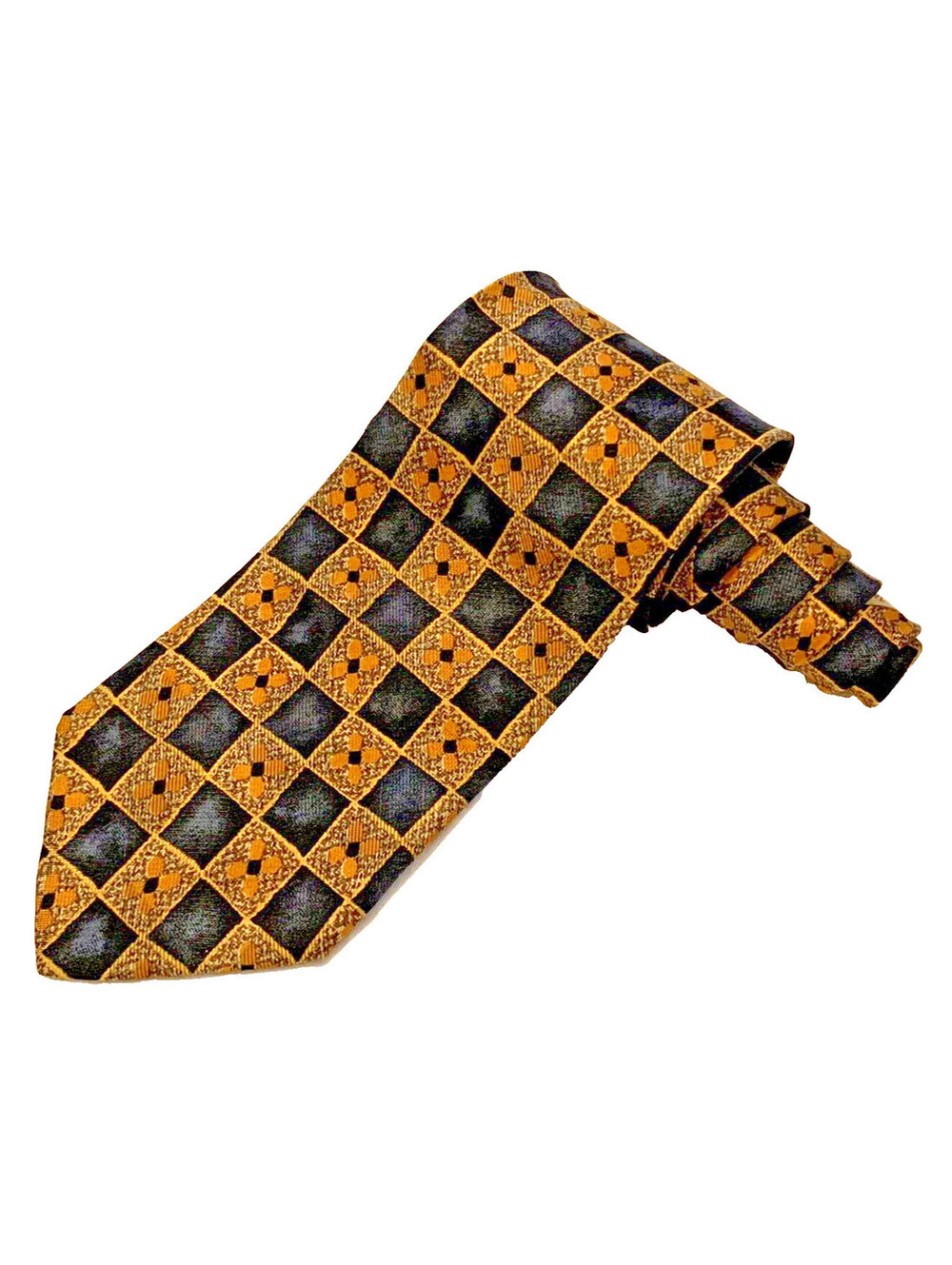 Ermenegildo Zegna Italian Silk Necktie Hand-Made Gold Black Gray Geometric 58"